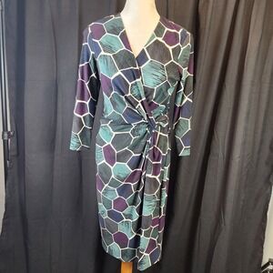 Anne Klein Black-Multi Phoenix Combo Printed Stretch Jersey Draped Dress Size 10